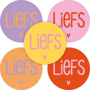 Sticker rond 35mm ` Liefs` roze rood paars oranje geel  ( mix van 10 stuks )