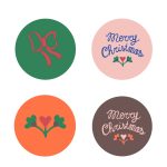 Sticker rond 50mm `Merry Christmas / strik / bloem` groen roze oranje bruin   ( mix van 10 stuks )