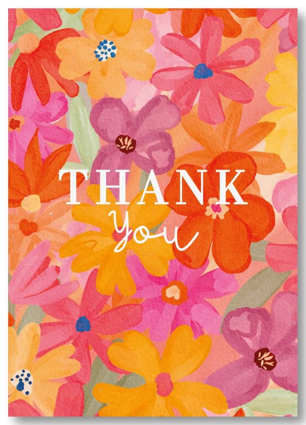 By Streepjes Designs, A6 kaart `Thank you` roze oranje paarse bloemen print - Afbeelding 1