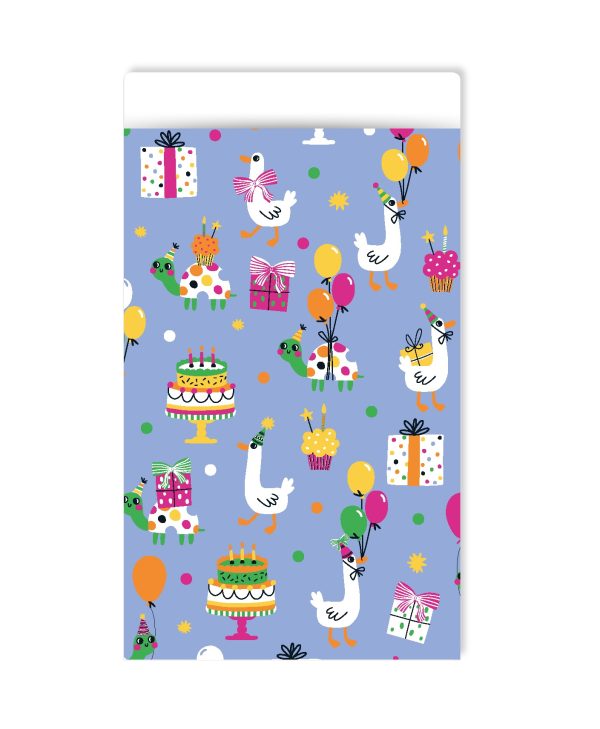 Kadozakje, Medium 12cmx19cm `Feest gansje schildpad ballonnen taart` op blauwe basis   ( per stuk ) - Afbeelding 1