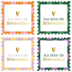 KP Sticker vierkant 52mm`Kus door de brievenbus` kartelrand grid`   ( mix van 10 stuks )