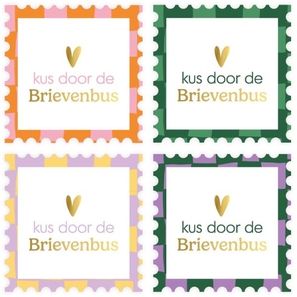 KP Sticker vierkant 52mm`Kus door de brievenbus` kartelrand grid`   ( mix van 10 stuks ) - Afbeelding 1