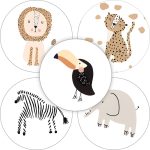 Sticker rond 35mm ` Dieren mix` leeuw panter zebra  ( mix van 10 stuks )