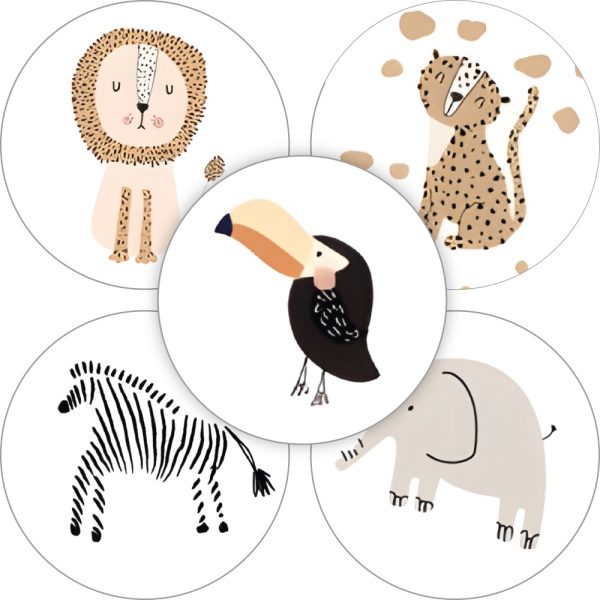Sticker rond 35mm ` Dieren mix` leeuw panter zebra  ( mix van 10 stuks ) - Afbeelding 1