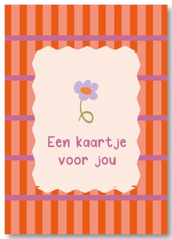 By Streepjes Designs, A6 kaart `Een kaartje voor jou` oranje roze paars streep met bloemetje - Afbeelding 1