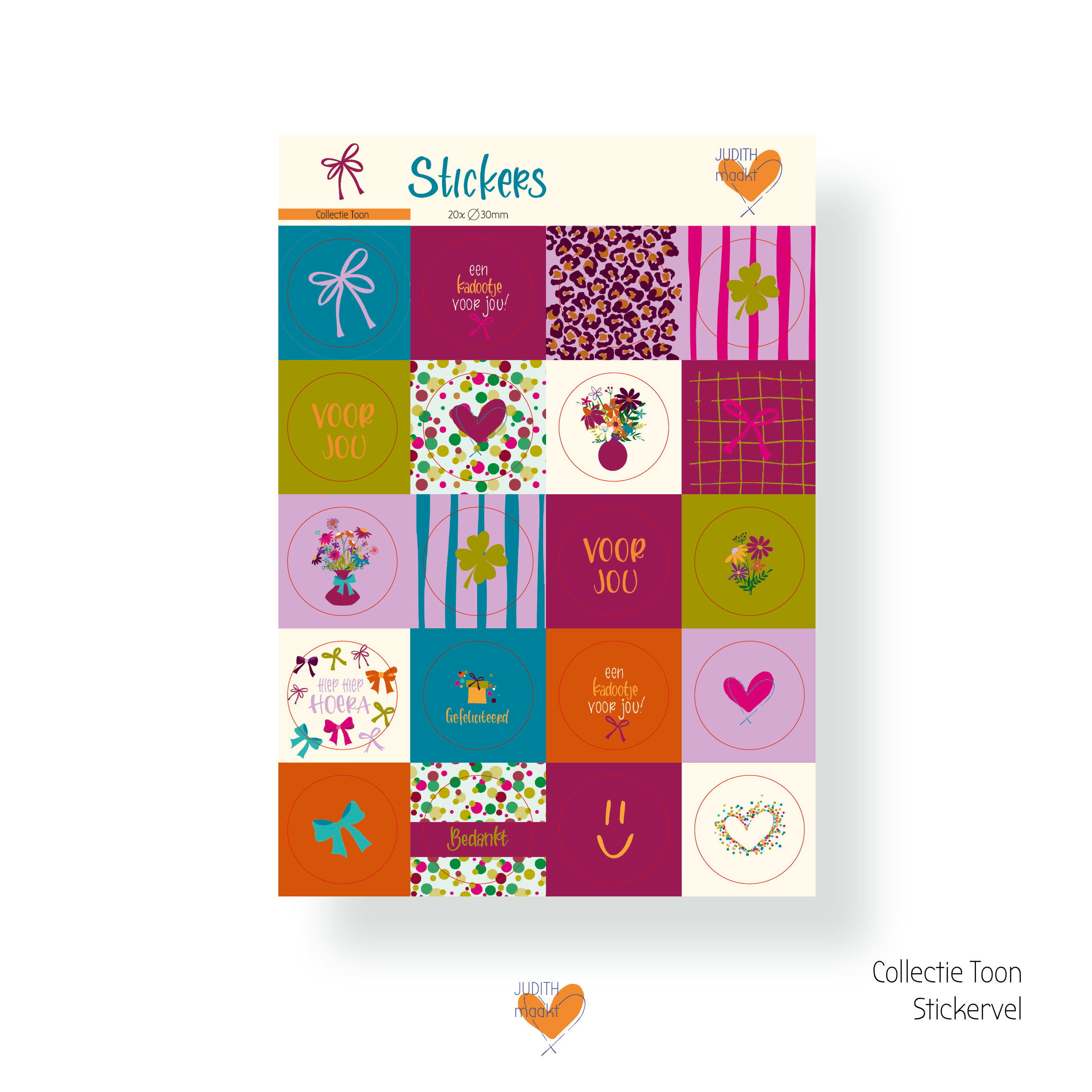 Via Suus JUDITH maakt , A5 stickervel met 20 stickers `Burgundy roze lila groen` - Afbeelding 1