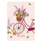 The Lemonbird, kaart A6 `For you` fiets met roze paarse bloemen in mand