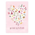 The Lemonbird, kaart A6 `You make my heart smile` hart met bloemen en blaadjes