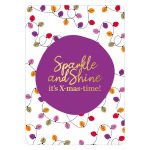 Kerstkaart A6 `Sparkle and shine it`s x-mas time` lichtjes met paarse cirkel