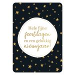 Kerstkaart A6 `Hele fijne feestdagen en een gelukkig nieuwjaar` zwart met gouden sterretjes , tekst in witte cirkel