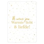 Kerstkaart A6 `Ik wens jou... warmte licht & liefde` witte kaart met gouden sterretjes