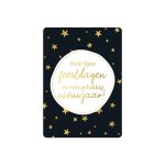KP klein kaartje A7 , `Hele fijne feestdagen en een gelukkig nieuwjaar` zwart met gouden sterretjes, tekst in witte cirkel