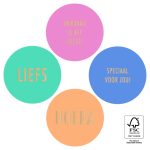 Sticker rond 55mm `Liefs Hoera Feest` roze blauw oranje groen ( mix van 10 stuks )