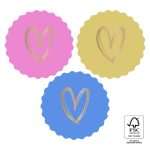 Sticker rond rozet 55mm `Gouden hart op roze blauw geel` ( mix van 10 stuks )