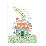 The Lemonbird, kaart A6 `Lots and lots of luck` huis bloemen klavertjes vier