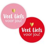 Sticker rond 50mm `Veel liefs voor jou!` roze rood  ( mix van 10 stuks )