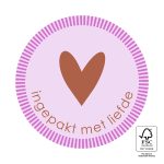 Sticker rond 55mm `Ingepakt met liefde` bruin hartje  ( set van 10 stuks )