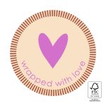 Sticker rond 55mm `Wrapped with love` roze hartje  ( set van 10 stuks )