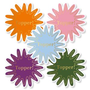 Sticker splash 50mm `Topper!` roze oranje blauw groen paars ( mix van 10 stuks )
