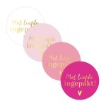 Sticker rond 40mm `Met liefde ingepakt` roze tinten ( mix van 10 stuks )