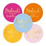 Sticker rond 40mm `Bedankt voor de bestelling` roze blauw geel oranje ( mix van 10 stuks )