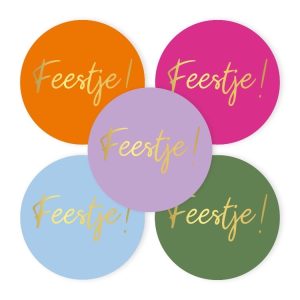 Sticker rond 40mm `Feestje` roze lila blauw oranje groen ( mix van 10 stuks )