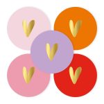 Sticker rond 40mm `Gouden hartje` roze lila oranje rood ( mix van 10 stuks )