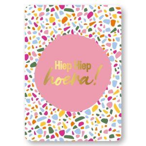 KP kaart A6 `Hiep hiep hoera` kleurrijk terrazzo met licht roze en goud