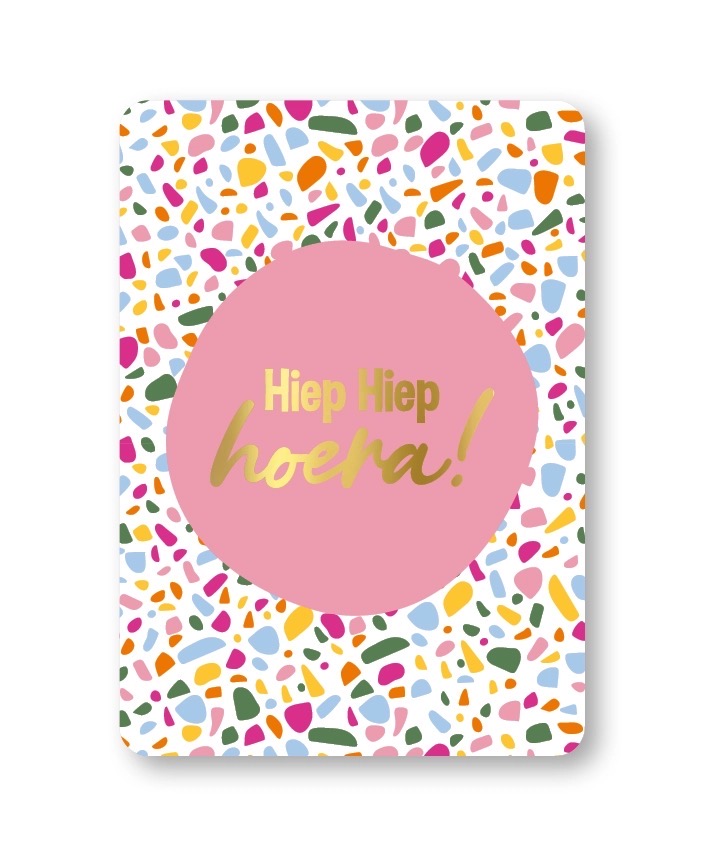 Afbeelding 16 KP kaart A6 `Hiep hiep hoera` kleurrijk terrazzo met licht roze en goud - Afbeelding 1