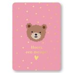 KP kaart A6 `Hoera een meisje` beertje op roze basis met gouden stipjes