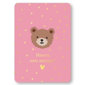 KP kaart A6 `Hoera een meisje` beertje op roze basis met gouden stipjes