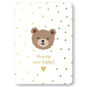 KP kaart A6 `Hoera een baby! ` beertje op witte basis met gouden stipjes