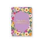 KP klein kaartje A7 , `Van harte gefeliciteerd` zomerse bloemen print met lila
