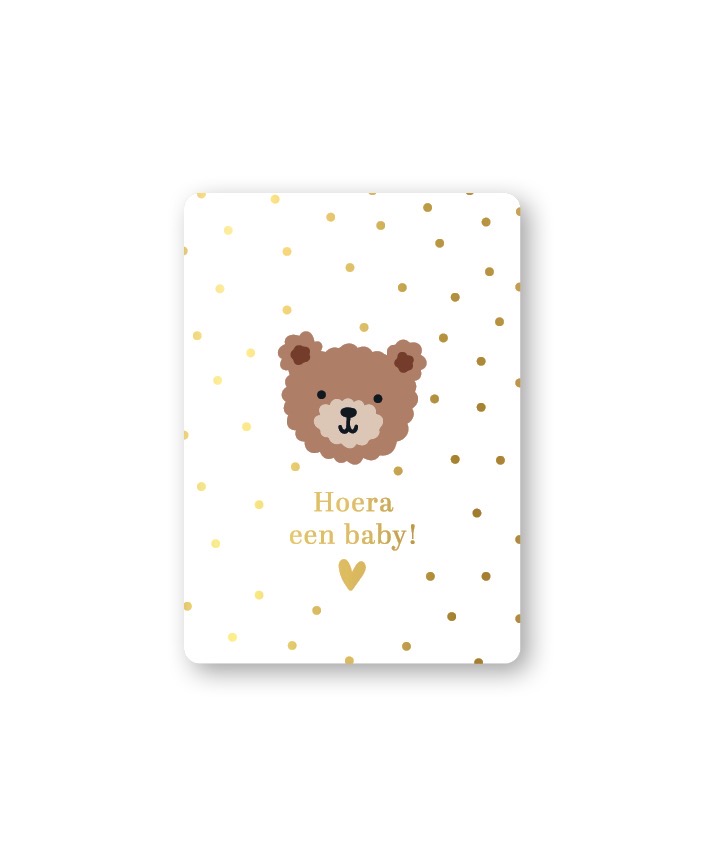 Afbeelding 38 KP klein kaartje A7 , `Hoera een baby` little bear beertje bruin wit goud - Afbeelding 1