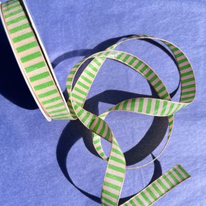 Stoffen band lint ,  15 mm dik `Groen / roze streepje ` ( 1 meter )