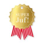 Medaille , kaartje / kadolabel 48mmx65mm `Super juf` goud roze rood