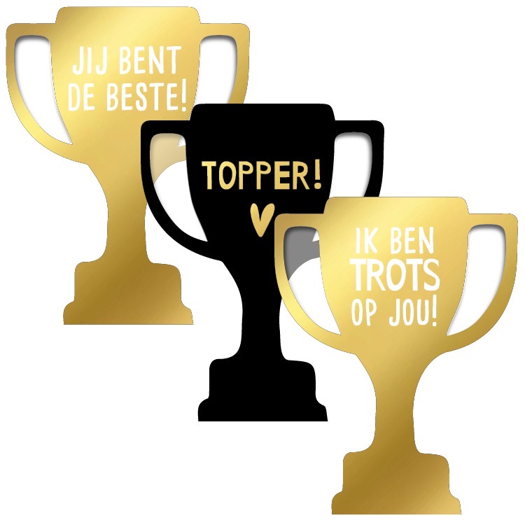 Afbeelding 13 Sticker beker 43mmx56mm `Topper trots op jou` goud zwart ( mix van 10 stuks ) - Afbeelding 1