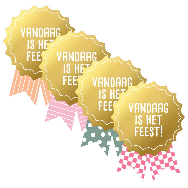 Afbeelding 14 Sticker medaille 41mmx56mm `Vandaag is het feest` goud met kleur ( mix van 10 stuks ) - Afbeelding 1