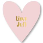 KP kaart hartjesvorm 11cmx12cm `Lieve juf` lichtroze met gouden letters