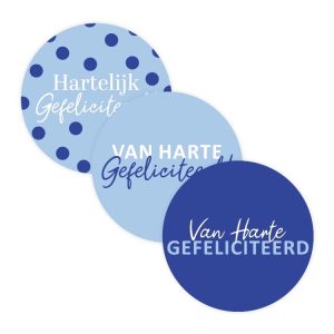 Sticker rond 40mm `Van harte gefeliciteerd` blauw lichtblauw stipjes  ( mix van 10 stuks )