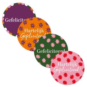 Sticker rond 40mm `Hartelijk gefeliciteerd bloemetjes zonnetjes print` oranje paars groen roze ( mix van 10 stuks )