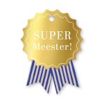 Medaille , kaartje / kadolabel 48mmx65mm `Super meester`goud blauw