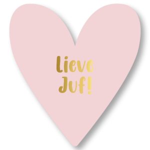 KP kaart hartjesvorm 11cmx12cm `Lieve juf` lichtroze met gouden letters