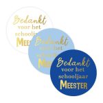 Sticker rond 40mm `Bedankt voor het schooljaar meester` blauw lichtblauw wit  ( mix van 10 stuks )