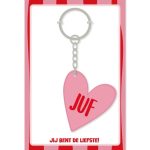 KP Sleutelhanger hartje 80mm x 25mm `Juf` roze met rood