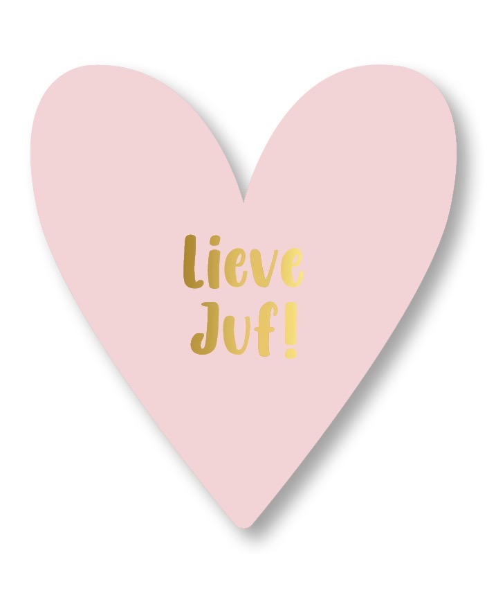 Afbeelding KP kaart hartjesvorm 11cmx12cm `Lieve juf` lichtroze met gouden letters - Afbeelding 1