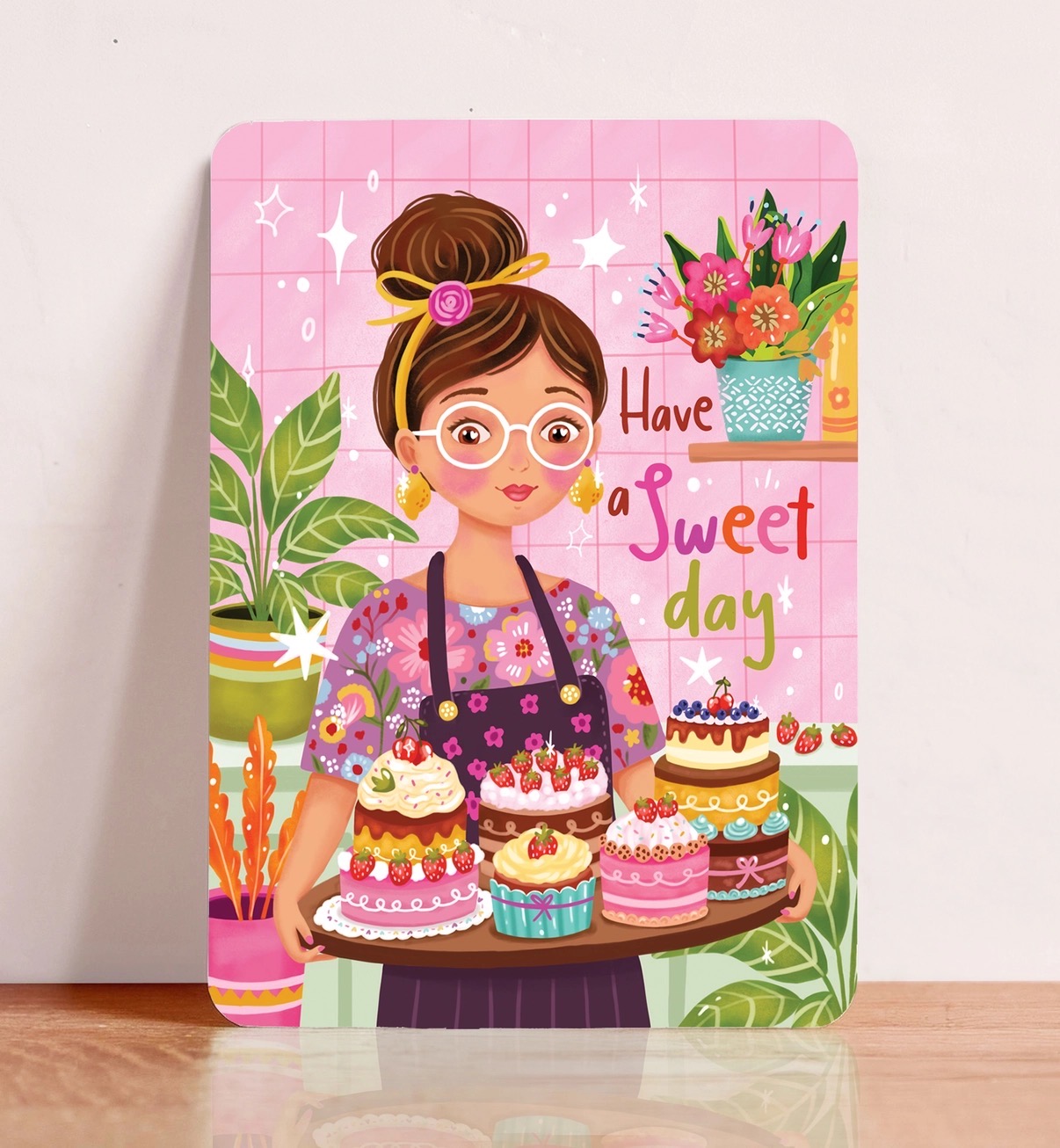 Afbeelding 1 Aniet Illustration, kaart A6 `Have a sweet day` taarten op dienblad - Afbeelding 1