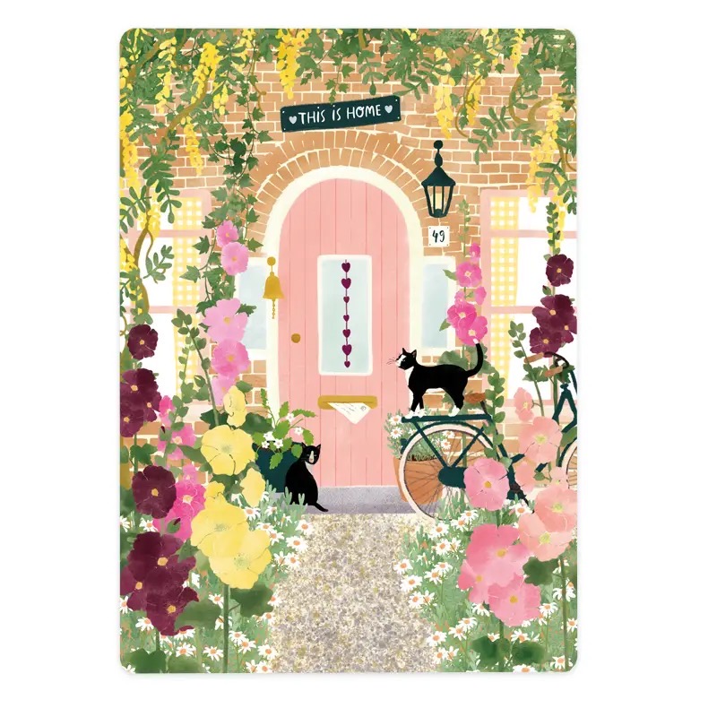 Afbeelding 10 (1) The Lemonbird, kaart A6 `This is home` roze voordeur 2 poezen - Afbeelding 1
