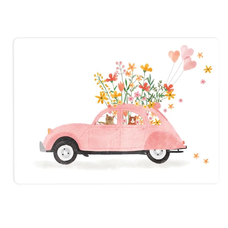 Afbeelding 15 The Lemonbird, kaart A6 `Roze auto` bloemen ballonnen poezen - Afbeelding 1