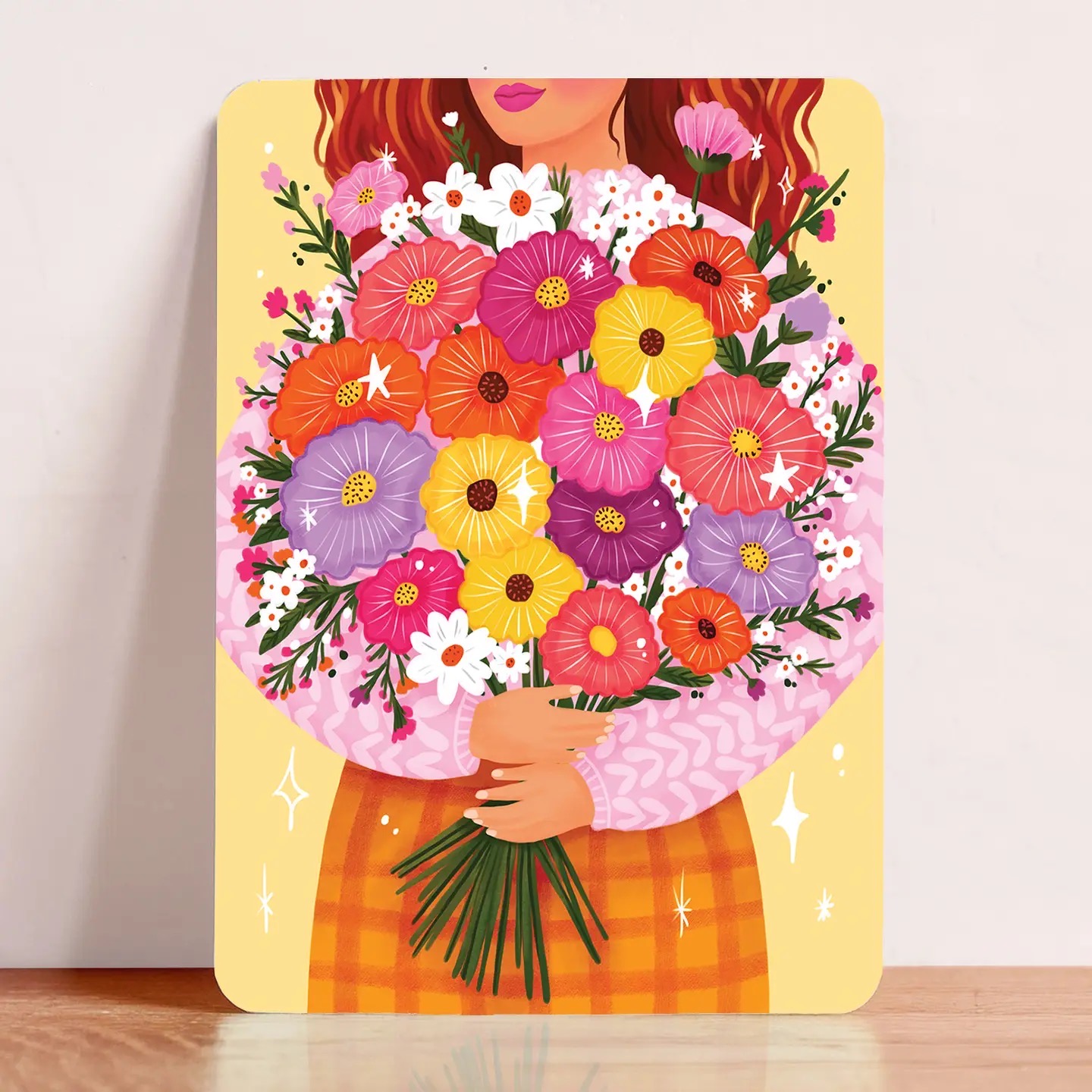 Afbeelding 2 Aniet Illustration, kaart A6 `Bos bloemen in armen` roze rood geel lila - Afbeelding 1
